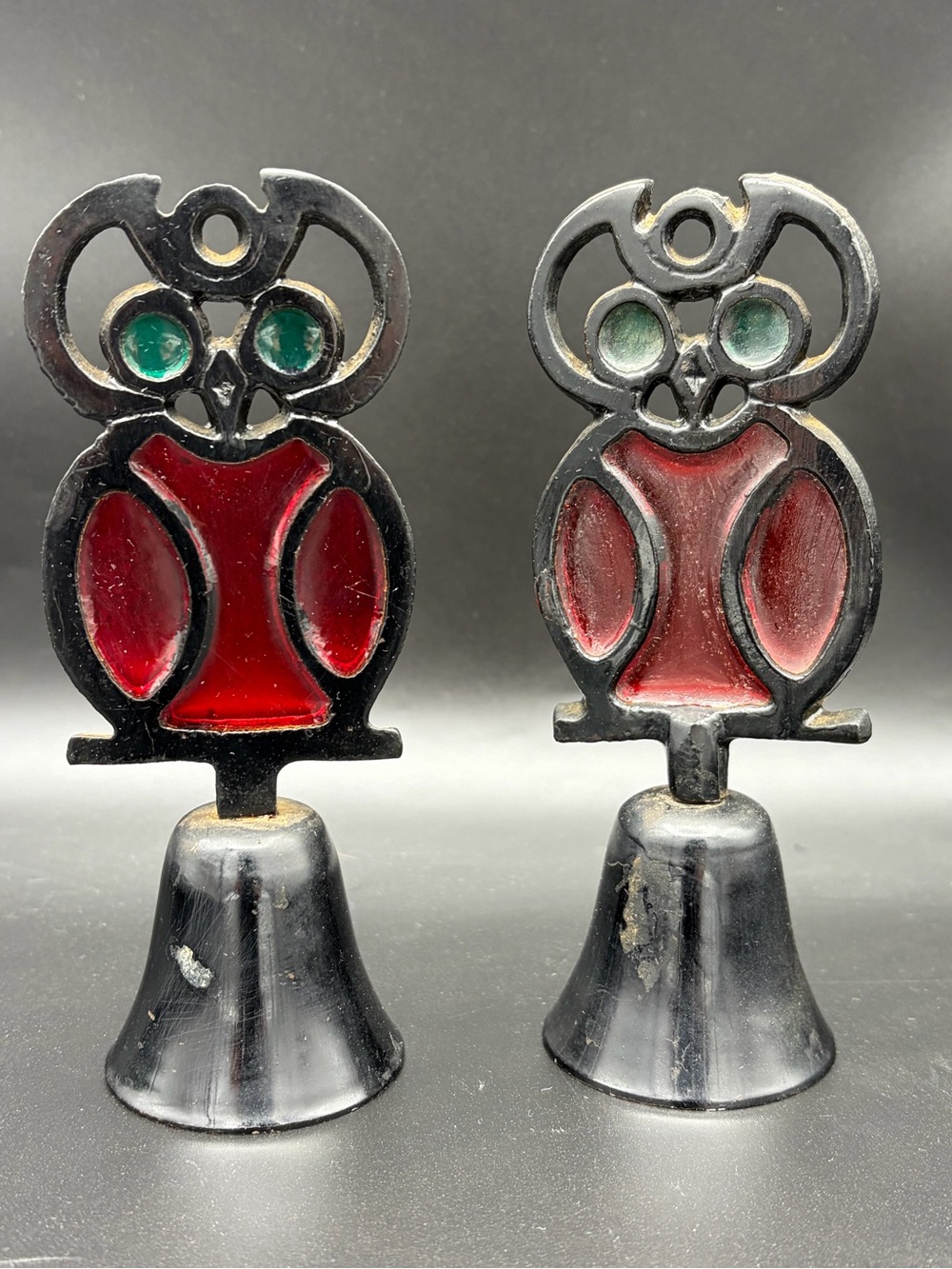 Vtg Cast Iron Metal Owl Stain Glass Style Bell